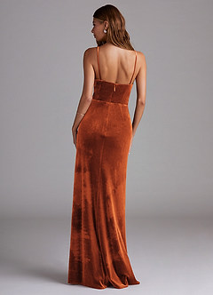Azazie Maci Bridesmaid Dresses Burnt Orange Sheath Pleated Velvet Dress image2