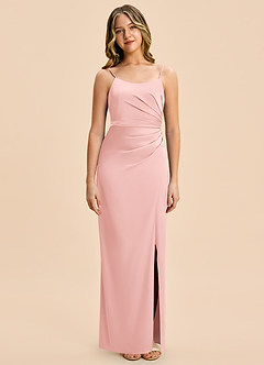 Azazie Calandra Junior Powder Pink Sheath Pleated Stretch Satin Dress image6