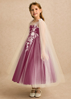 Azazie Amina Flower Girl Dresses Ivory Mulberry A-Line Lace Tulle Dress image5