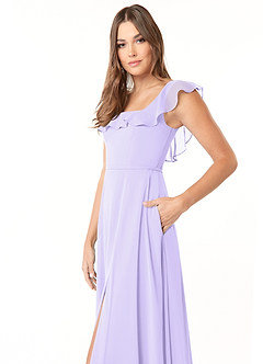 Azazie Jinny Robes de demoiselle d'honneur Robe Trapèze en Mousseline de soie Encolure carrée froncée Lilas image5