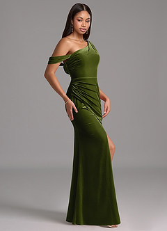 Azazie Madelyn Bridesmaid Dresses Olive Sheath One Shoulder Velvet Dress image3