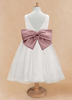 Azazie Seline Flower Girl Dresses Ivory Dusty Rose A-Line Bow Tulle Dress image7