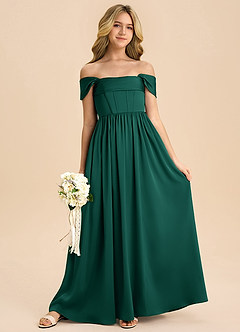 Azazie Hattie Junior Robe Trapèze en Satin extensible Plissée émeraude image3