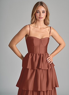 Azazie Faye Bridesmaid Dresses Auburn A-Line Ruched Stretch Satin Dress image2
