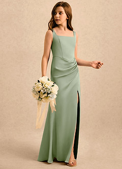 Azazie Noah Girls Formal Abiti da Ragazza di Fiori Abito Tubino in Raso Elasticizzato Plissettato Verde Salvia image3