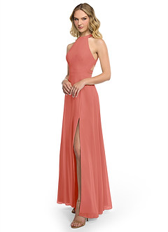 Azazie Clarice Brautjungfernkleider Eine Linie Halter Chiffon Kleid Lachsrosa image2