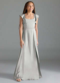 Azazie Bondi Junior Silver A-Line Side Slit Stretch Satin Dress image3