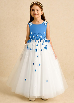 Azazie Eleni Blumenmädchenkleider Ballkleid Schleifen Tüll Kleid Elfenbein Blauhäher image1