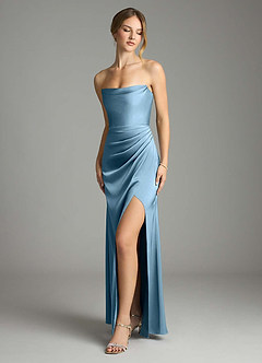 Azazie Leonis Bridesmaid Dresses Steel Blue Mermaid Pleated Stretch Satin Convertible Dress image1