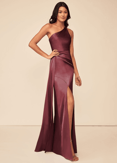 Azazie Maron Bridesmaid Dresses Merlot A-Line One Shoulder Stretch Satin Dress image3