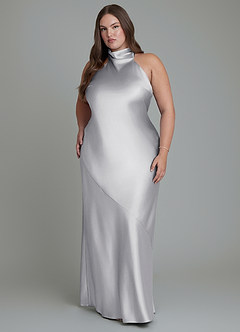 Azazie Velli Bridesmaid Dresses Silver Sheath High Neck Metallic Satin Dress image7
