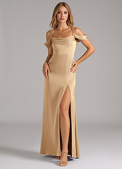 Azazie Callan Bridesmaid Dresses Champagne A-Line Pleated Stretch Satin Convertible Dress image3