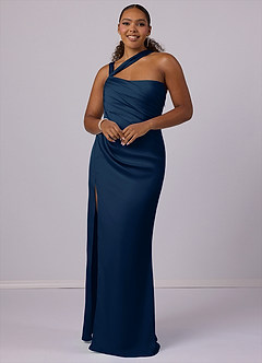 Barbie ♥ Azazie Robes de demoiselle d'honneur Robe Sirène en Satin extensible Ue épaule Bleu Marine Foncé image6