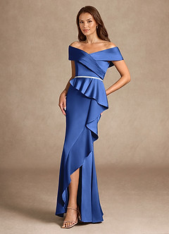 Azazie Dareia Mother of the Bride Dresses Royal Blue Mermaid Off the Shoulder Stretch Satin Dress image2