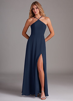 Azazie Bailey Bridesmaid Dresses Dark Navy A-Line Halter Side Slit Chiffon Dress image5