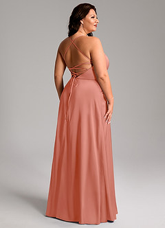 Azazie Mei Bridesmaid Dresses Salmon Pink A-Line V-Neck Stretch Satin Dress image11