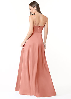 Azazie Halsey Bridesmaid Dresses Coral Sheath Side Slit Stretch Satin Dress image2