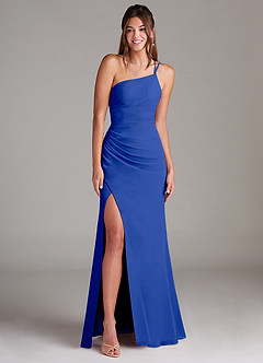 Azazie Eren Vestidos de damas de honor Vestido de Azul Real de Gasa de Corte Recto con Hombro unilateral image3