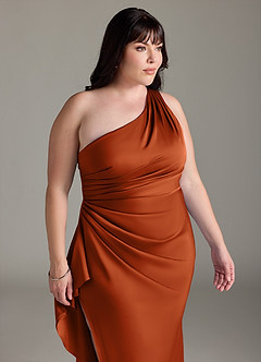 Azazie Latrice Bridesmaid Dresses Burnt Orange Sheath One Shoulder Cascading Ruffles Stretch Satin Dress image11