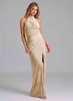 Azazie Jemma Robes de demoiselle d'honneur Robe Fourreau en velours Plissée Champagne image4
