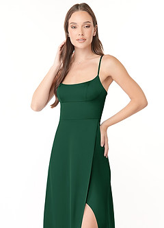 Azazie Halsey Bridesmaid Dresses Dark Green Sheath Side Slit Stretch Satin Dress image6