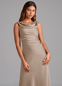 Azazie Nerine Bridesmaid Dresses Taupe A-Line Pleated Stretch Satin Dress image6