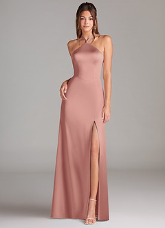 Azazie Elliana Robes de demoiselle d'honneur Robe Trapèze en Satin extensible Fente Latérale Rosette image4
