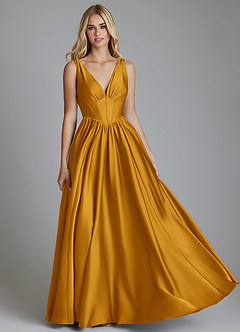 Azazie Delmie Bridesmaid Dresses Butterscotch A-Line Corset Stretch Satin Dress image1