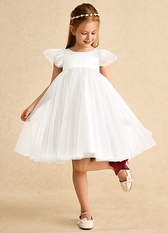 Azazie Munchkin Flower Girl Dresses Ivory Burgundy A-Line Bow Tulle Dress image3