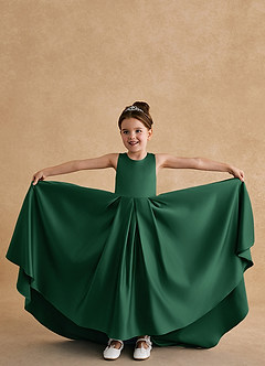 Azazie Sammy vestidos de niña de las flores Vestido de Verde Oscuro de Satin Mate de Corte En A con Encaje image4