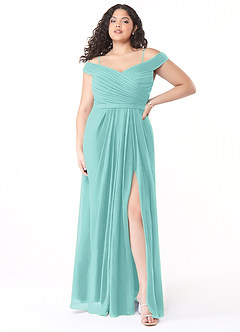 Azazie Audrianna Brautjungfernkleider Wandelbar A-Linie Schulterfrei gerafft Chiffon Kleid Aqua image7