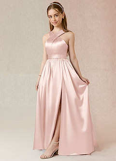 Azazie Jiya Junior Blushing Pink A-Line Pleated Metallic Satin Dress image1