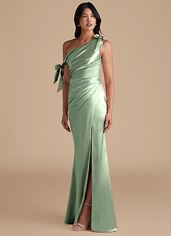 Azazie Xyla Robes de demoiselle d'honneur Robe Fourreau Convertible en Satiné métallisé Épaule décolletée Matcha image6