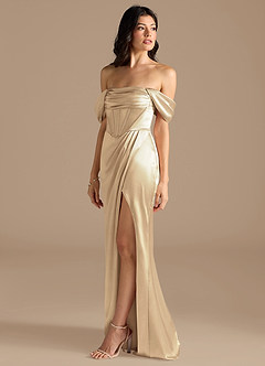 Azazie Lynden Bridesmaid Dresses Champagne Sheath Off the Shoulder Metallic Satin Convertible Dress image7