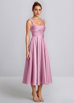 Azariya Bonbonrosa Satin-Midikleid mit eckigem Ausschnitt und Schnürung in A-Linie image2