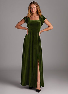 Azazie Bondi Robes de demoiselle d'honneur Robe Trapèze en velours Fente Latérale Olive image4