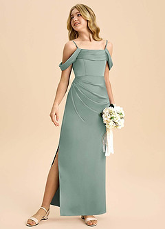 Azazie Saige Junior Silver Sage Sheath Off the Shoulder Stretch Satin Dress image5