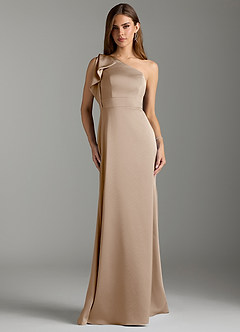 Azazie Rinna Robes de demoiselle d'honneur Robe Sirène en Satin extensible Rayé Taupe image1