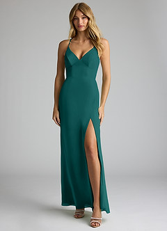 Azazie Becca Bridesmaid Dresses Peacock Sheath V-Neck Chiffon Dress image1