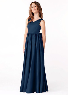 Azazie Hathaway Junior Dark Navy A-Line Bow Stretch Satin Dress image4