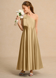 Azazie Guppy Girls Formal Flower Girl Dresses Gold A-Line One Shoulder Matte Satin Dress image4