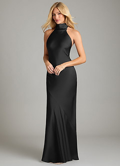 Azazie Velli Bridesmaid Dresses Black Mermaid High Neck Stretch Satin Dress image1