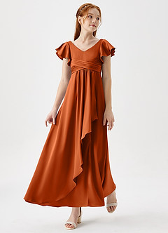 Azazie Omari Junior Burnt Orange A-Line Pleated Stretch Satin Dress image1