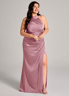 Azazie Jemma Bridesmaid Dresses Vintage Mauve Sheath Pleated Stretch Satin Dress image11