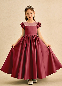 Azazie Toffee Abiti da Ragazza di Fiori Abito Stile Principessa in Raso Opaco Fiocco Melograno image2