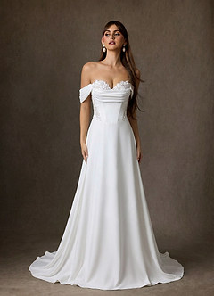 Azazie Ganelle Bröllopsklänningar Klä av A-Linje i Crepe baksida satin Älskling Halsringning Diamant Vit Champagne image5