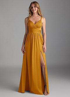 Azazie Chanel Bridesmaid Dresses Butterscotch A-Line Pleated Stretch Satin Dress image5