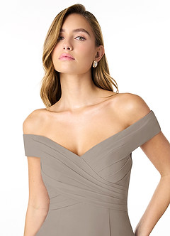 Azazie Lecia Bridesmaid Dresses Taupe Empire Off-The-Shoulder Pleated Chiffon Convertible Dress image6