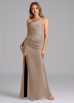 Azazie Eren Bridesmaid Dresses Taupe Mermaid One Shoulder Stretch Satin Dress image1
