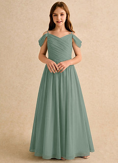Azazie Chelo Girls Formal Abiti da Ragazza di Fiori Abito A-Line in Chiffon Plissettato Salvia Argentata image4